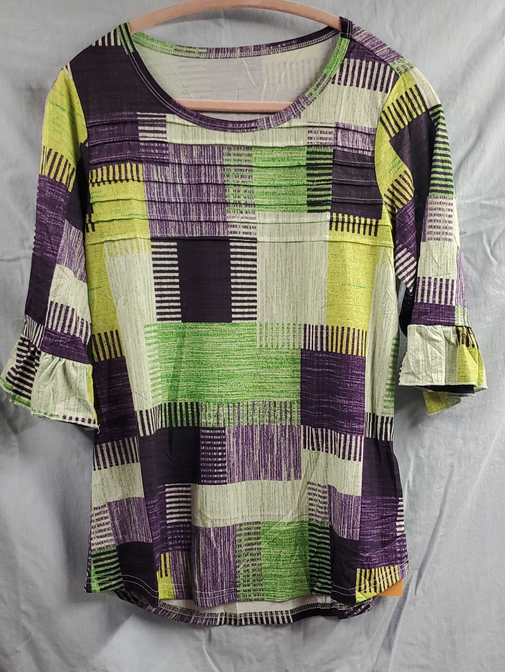 Colorblock Ruffle Sleeve Tunic Top - Purple & Green